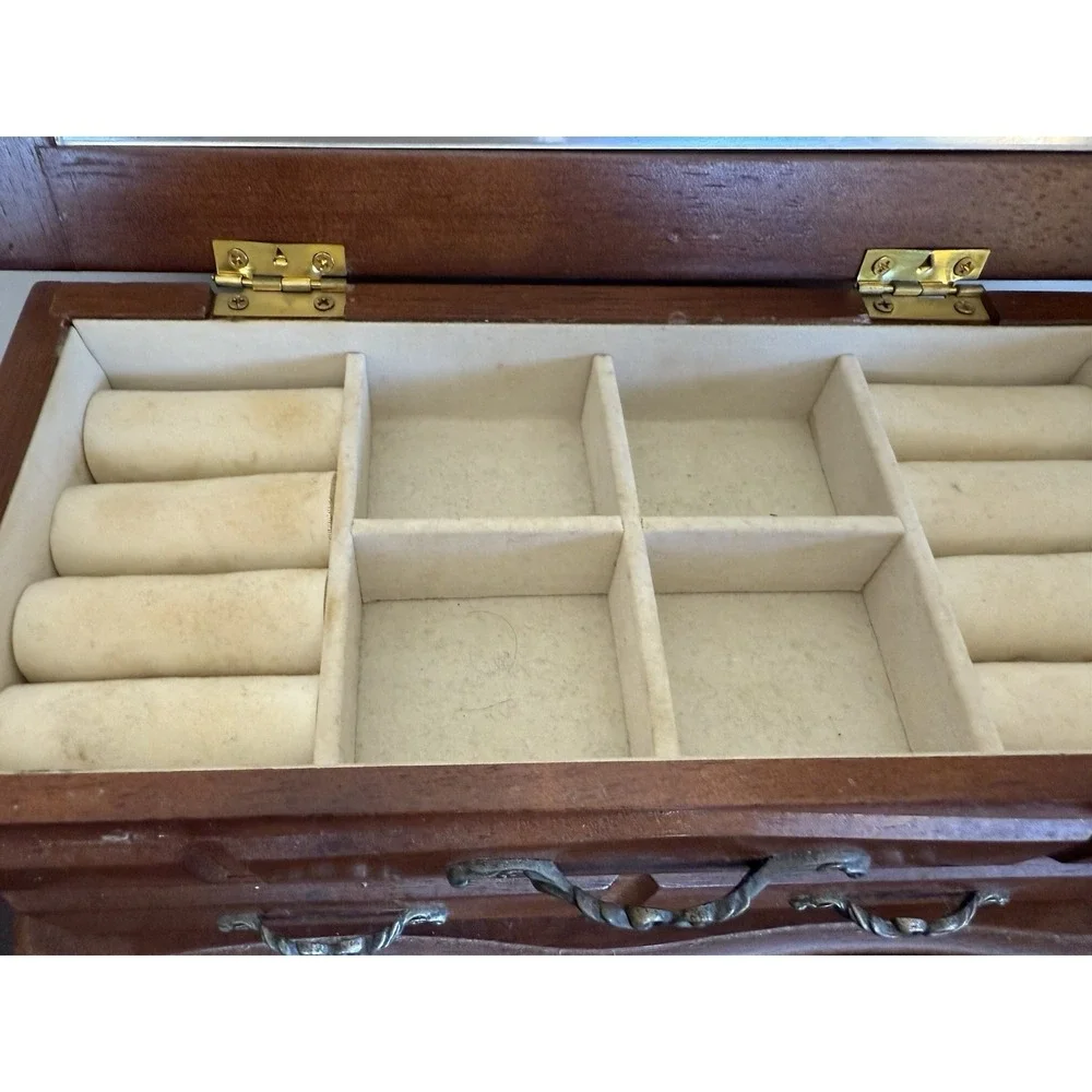 Vintage Wooden Velvet Lined Jewelry‎ Box Drawers Mirror Inside Lid 4 x 5 x  10